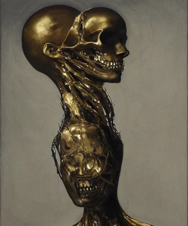 Prompt: Beautiful full-body wax sculpture of a glowing transparent woman with a skull face in glowing dress with visible gold bones covered with melted white wax inside the singularity where stars becoming baroque folds of dark matter by Michelangelo da Caravaggio, Nicola Samori, William Blake, Alex Grey and Beksinski, dramatic volumetric lighting, highly detailed oil painting, 8k, masterpiece