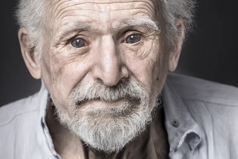 Prompt: a theatrical portrait headshot photograph of an old man looking at the camera, ultra high detailed, realistic, hair light, key light, by peter hurley