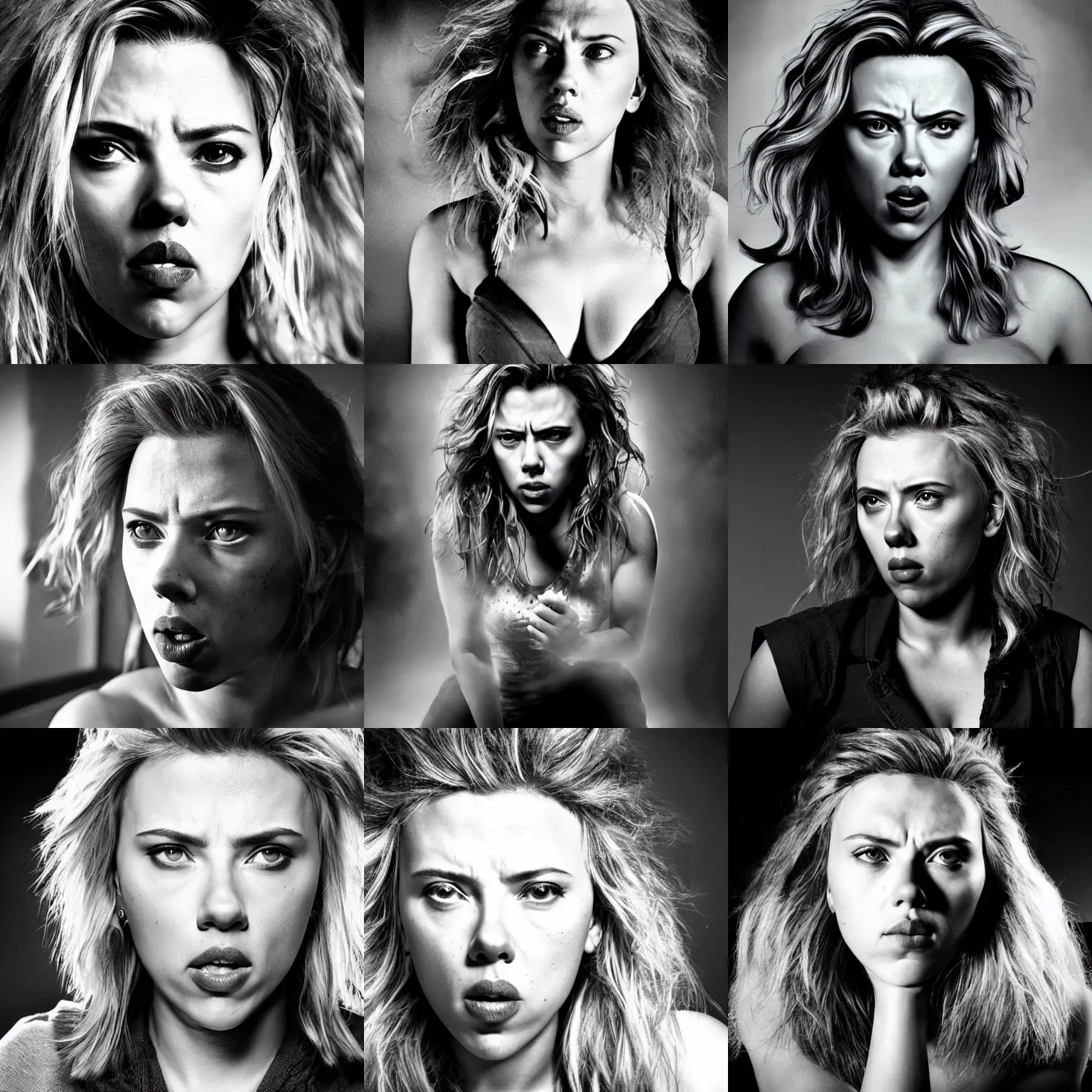 Prompt: angry scarlett johansson is a lion human hybrid, dramatic lighting hyper detail, black and white, wide angle lens