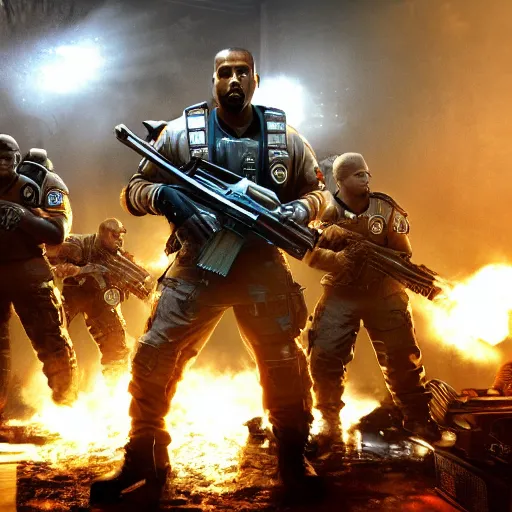 Image similar to kanye west as a ghostbuster in gears of war battlefield 5, splash art, movie still, cinematic lighting, dramatic, octane render, long lens, shallow depth of field, bokeh, anamorphic lens flare, 8 k, hyper detailed, 3 5 mm film grain