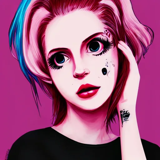 Image similar to full headshot portrait of Lana del ray punk, digital art, short pink hair, drawn by WLOP, by Avetetsuya Studios, anime manga panel, trending on artstation, wearing a plaid shirt