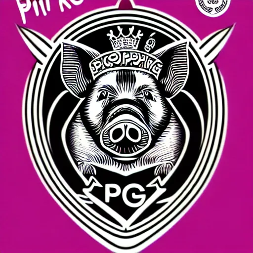 Image similar to good pig king logo Illustrated by Shepard Fairey, H.R. Geiger, YASUHIKO Yoshikazu, and lisa frank, ultra detailed pen sketch, hyper realistic, fine texture, shading, intricate detail, skin detail,