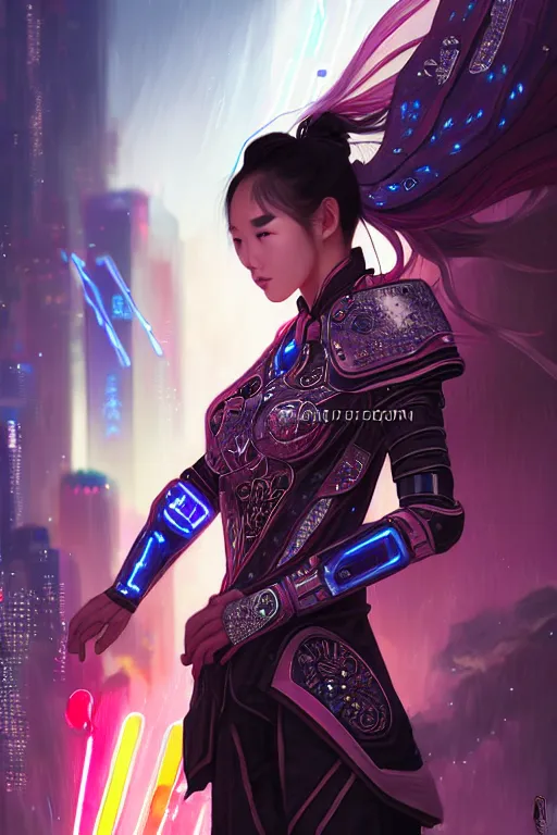 Image similar to portrait futuristic wuxia armor heroine Girl with thunder and fire sparkles and starlight, fighting in future cyberpunk beijing rooftop , ssci-fi, fantasy, intricate, very very beautiful, elegant, human structure, neon light, highly detailed, digital painting, artstation, concept art, smooth, sharp focus, illustration, art by tian zi and WLOP and alphonse mucha