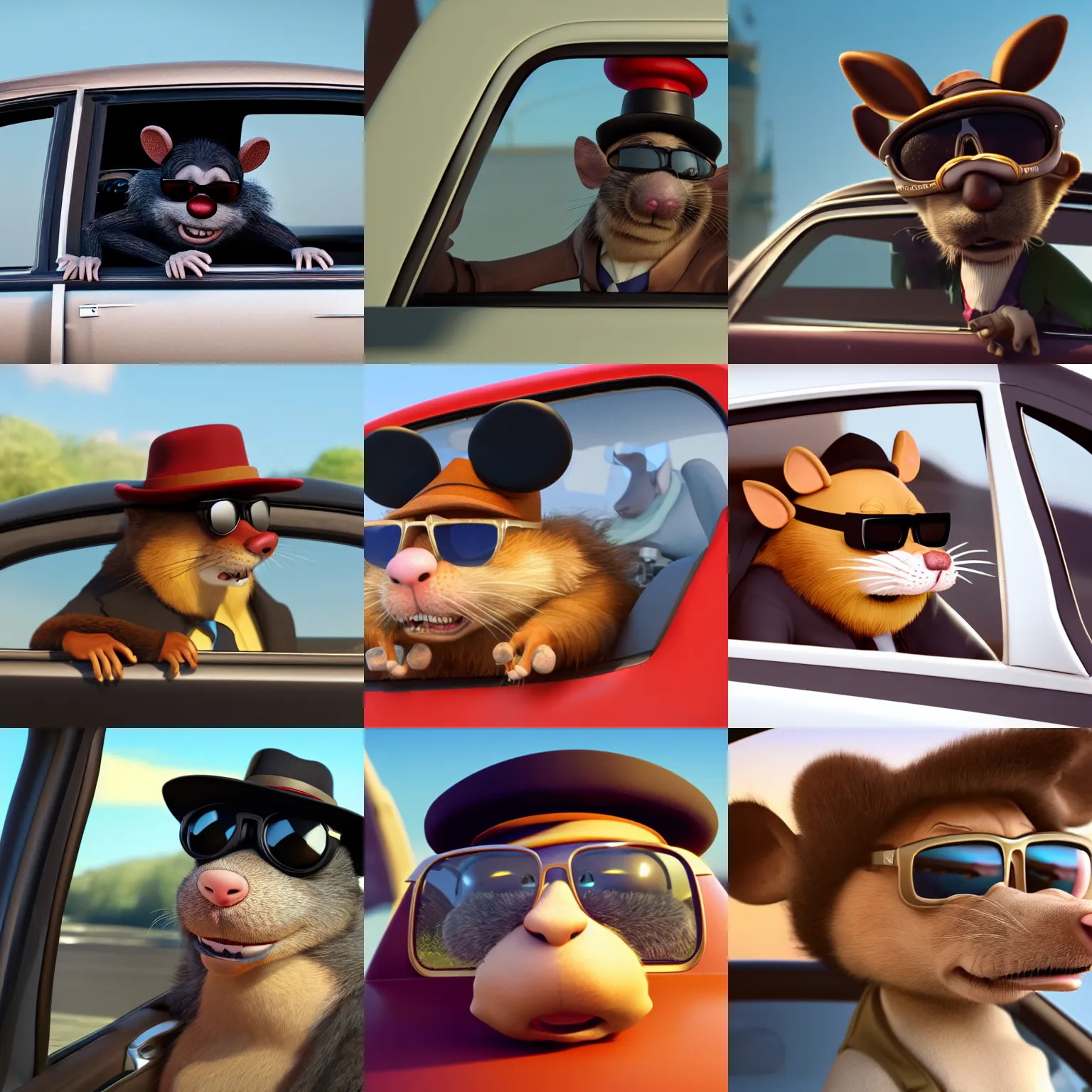 Prompt: a still of an anthropomorphic gangster rat, wearing sunglasses and a mafia-style hat, long fur, leaning out of a car window in a Disney Pixar movie, 35mm f2.8, 4k, artstation, PBR materials, Pixar renderman render