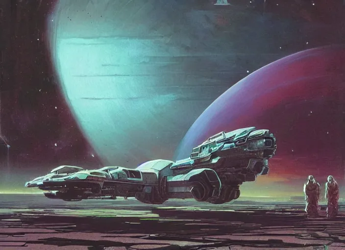 Image similar to a huge vividly - coloured spacecraft in an empty landscape by martin deschambault, dean ellis, peter elson, josan gonzalez, david a hardy, john harris, wadim kashin, angus mckie, bruce pennington, retro 1 9 7 0 s sci - fi art