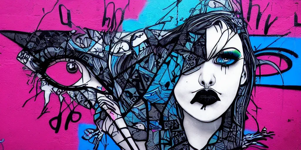 Prompt: aesthetic, beautiful symmetric eyes with heavy goth makeup, cyberpunk, neon colors, flat color, minimal, large spray graffiti on a dark blue wall by famous london graffiti artist