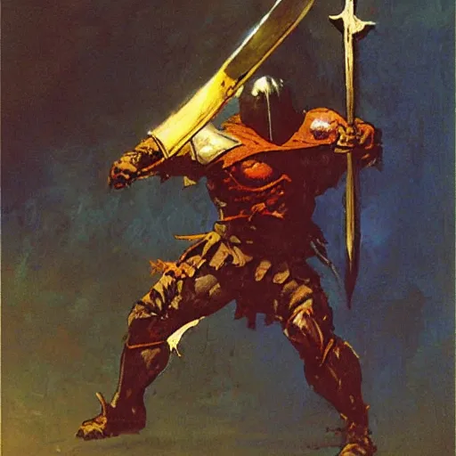 Prompt: a knight raising his sword painted by frank frazetta