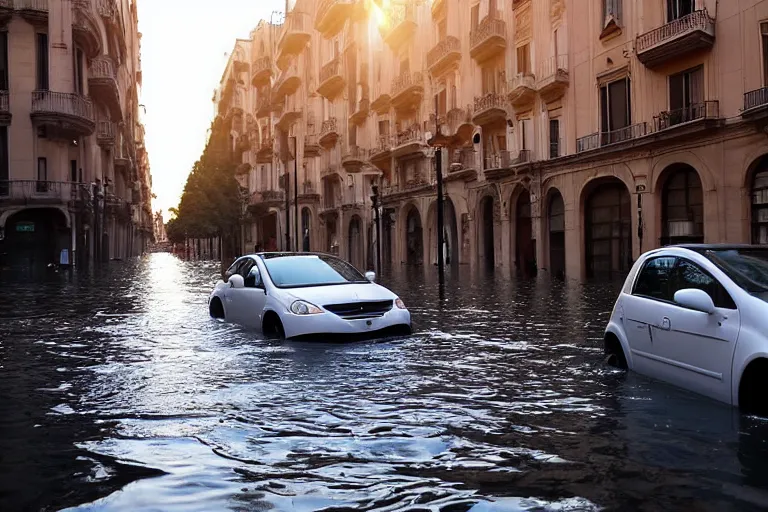 Image similar to views of catastrophic barcelona streets covered with high water, global warming, floating cars, sunset lighting, photo real