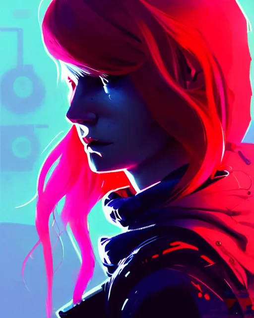 Image similar to cyberpunk synth, hyper - realistic portrait of a girl in a hoodie, red long wavey hair, cinematic, by atey ghailan, by greg rutkowski, by greg tocchini, by james gilleard, by joe fenton, by kaethe butcher, 8 k, very intricate, dynamic lighting, lighting color scheme, sharp focus, grunge aesthetic