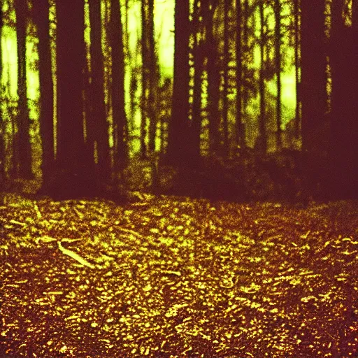 Image similar to glowing eyes in a dark creepy forest at night, 35 mm, film shot