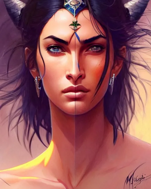 Image similar to indian warrior, megan fox, detailed perfect face, exquisite details, nose ring piercing!!!!, wind magic, mid view, design on a white background, by studio muti, greg rutkowski makoto shinkai takashi takeuchi studio ghibli