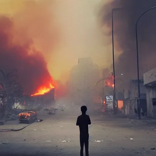 Prompt: the city is burning and fire is everywhere just a man was standing alone crying while world is getting destroyed detailed picture