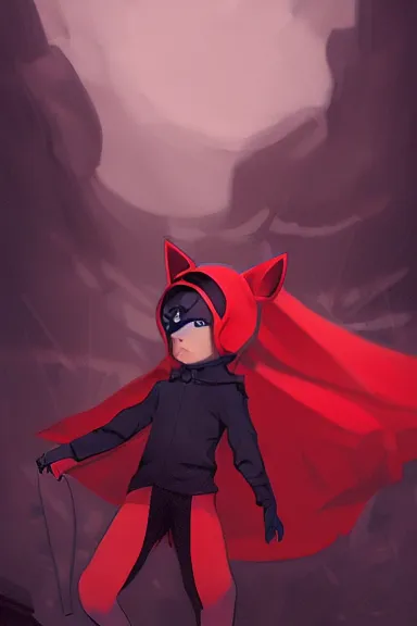 Image similar to little boy with cat ears in an black outfit with red cape. digital artwork made by lois van baarle and james jean and marc simonetti, sharpness focus, inspired by hirohiko araki, anatomically correct, heroic composition, hero pose, smooth