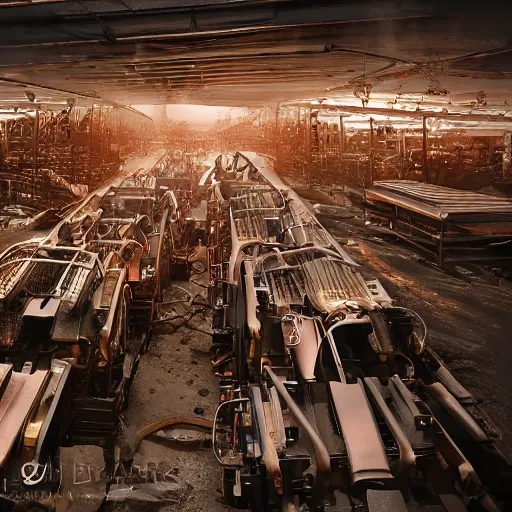 Image similar to rows of toaster oven mecha heads on conveyor belt, dark messy smoke - filled cluttered workshop, dark, dramatic lighting, orange tint, sparks, cinematic, highly detailed, sci - fi, futuristic, movie still