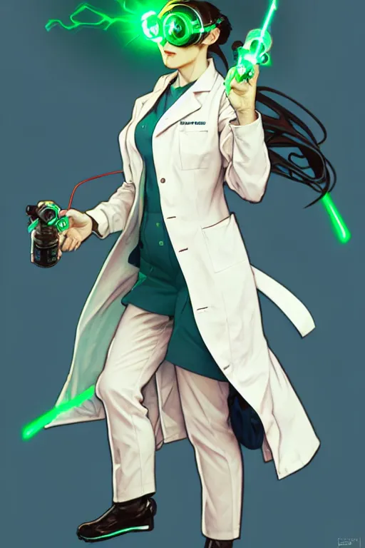 Image similar to a full body character design by artgerm, cushart krenz, greg rutkowski and alphonse mucha. cute mad scientist woman lab coat!! green plasma laser gun!! goggles visor!! bold outline sharp edges. ultra clear detailed. 8 k. ultra detailed, elegant, intricate, octane render.