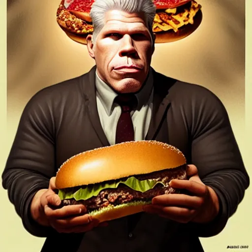 Image similar to portrait of Ron Perlman eating a giant hamburger , extra onions and ketchup, luscious patty with sesame seeds, feminine ethereal, handsome, D&D, fantasy, intricate, elegant, highly detailed, digital painting, artstation, concept art, matte, sharp focus, illustration, art by Artgerm and Greg Rutkowski and Alphonse Mucha