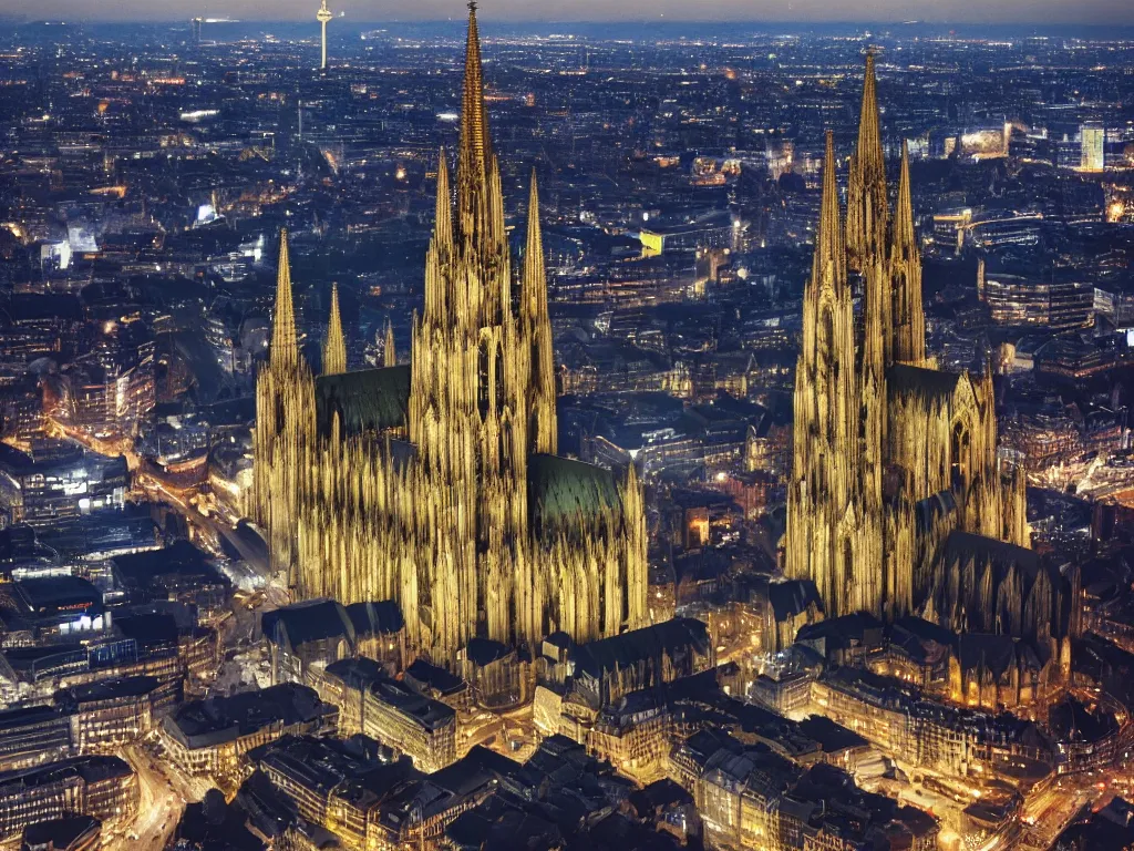 Image similar to cologne cathedral sourrounded by city, birds eye view, night, landscape, sky, volumetric lighting, 8 k octane beautifully detailed render, post - processing, extremely hyper - detailed, intricate, epic composition, intricate, trending on artstation, stunning art by frazetta, wonderful masterpiece by karine villette