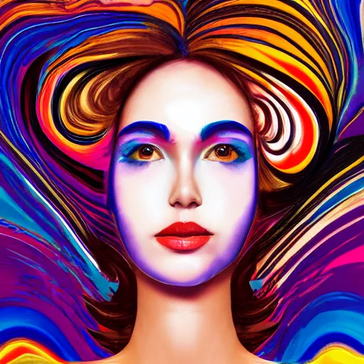 Image similar to abstract art with swirly color liquid acrylic paint and beautiful female face, beautiful color composition, warm colors, black details