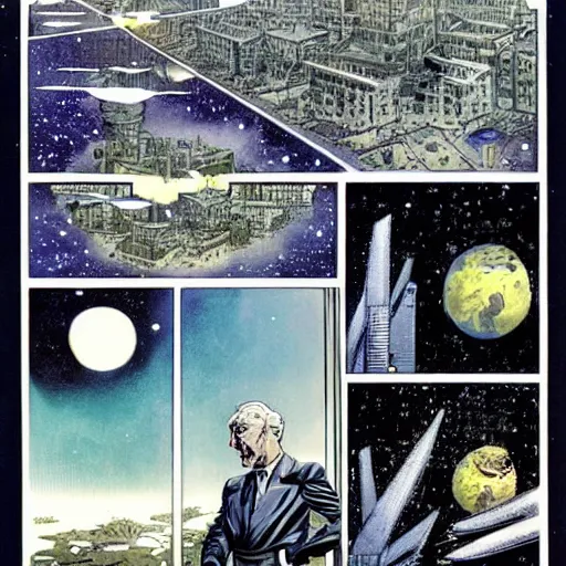 Prompt: comic book page, a city on the moon, by Francois Schuiten