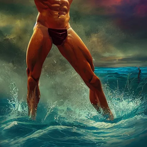 Prompt: a male devil wears a swimming trunks , hell, landscape, pride, rainbow, environment, artstation