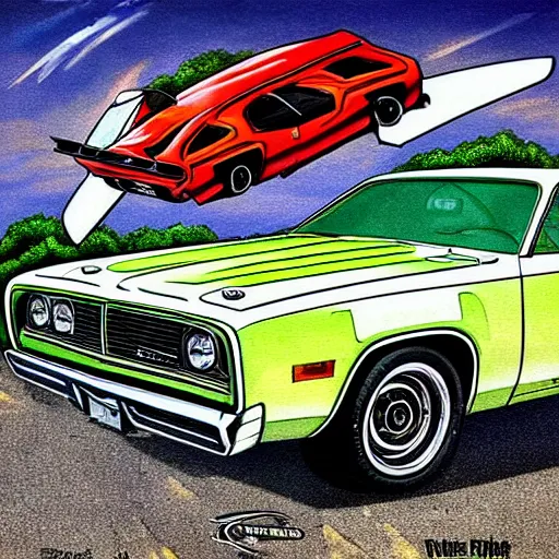 Prompt: Artwork of a 1972 Dodge Duster by Rat Fink