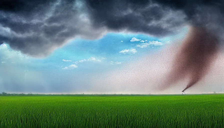 Image similar to a tornado rips through a farm field, digital art, highly detailed, realistic, bright colors, 8 k