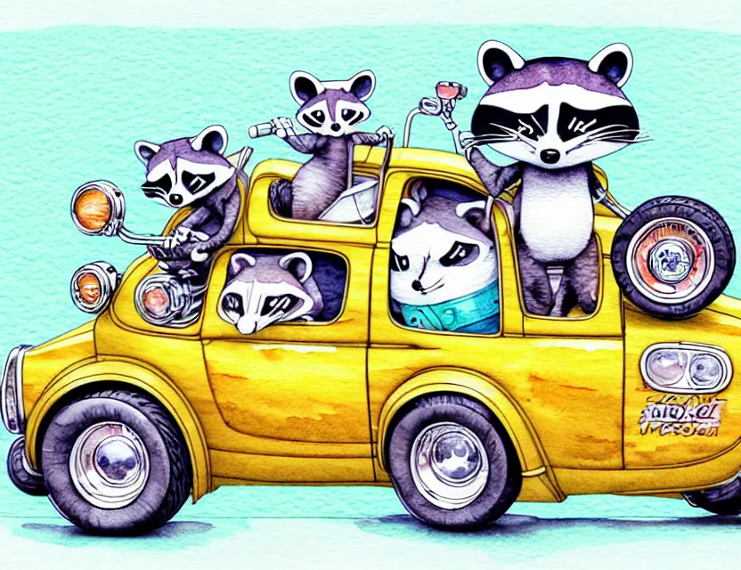 Prompt: cute and funny, racoon riding in a tiny hot rod with oversized engine, stickshift, ratfink style by ed roth, centered award winning watercolor pen illustration, isometric illustration by chihiro iwasaki, edited by range murata, tiny details by artgerm and watercolor girl, symmetrically isometrically centered