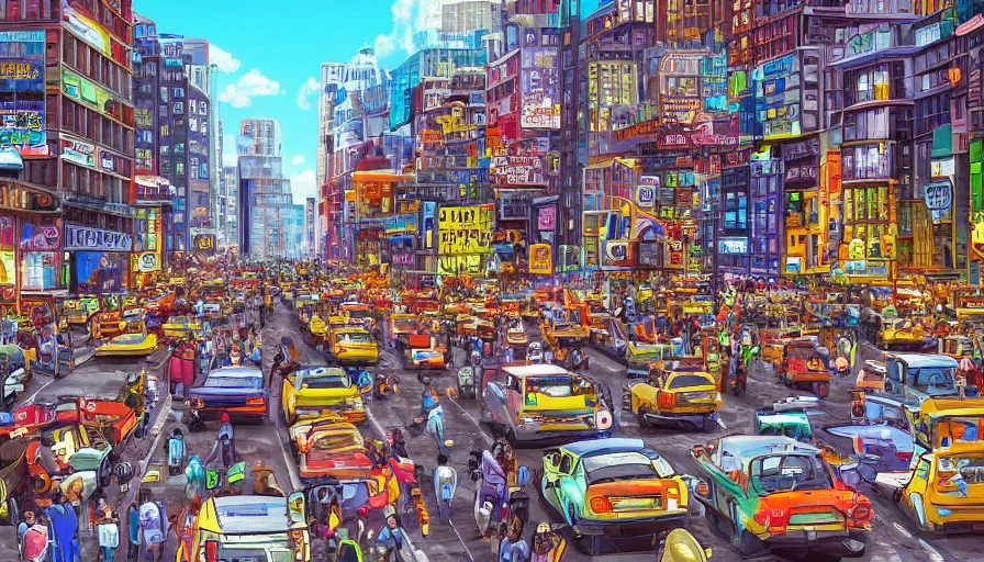 Image similar to a busy city street, digital art, highly detailed, realistic, bright colors, 8 k