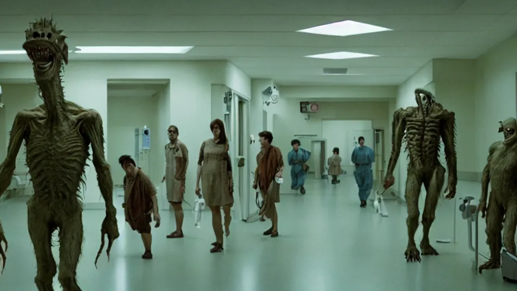 Prompt: monsters invade the hospital, film still from the movie directed by denis villeneuve and david cronenberg with art direction by salvador dali