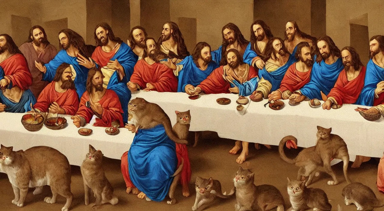 Image similar to painting of the last supper portrayed by cute cats