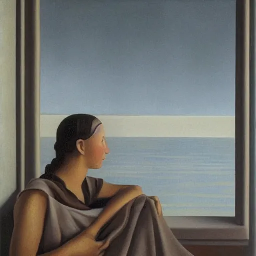 Prompt: dismal, realist contre jour by kay sage. a land art of a beautiful young woman seated at a window, looking out at the viewer with a serene expression on her face. the light from the window illuminates her features & creates a warm, inviting atmosphere. the essence of beauty & tranquility.