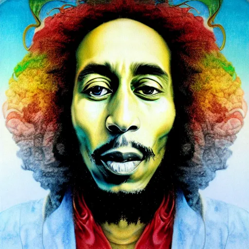 Prompt: colour masterpiece surreal closeup portrait photography bob marley by miho hirano and annie leibovitz and michael cheval, psychedelic smoke background by kilian eng and roger dean and salvador dali and beksinski, 8 k