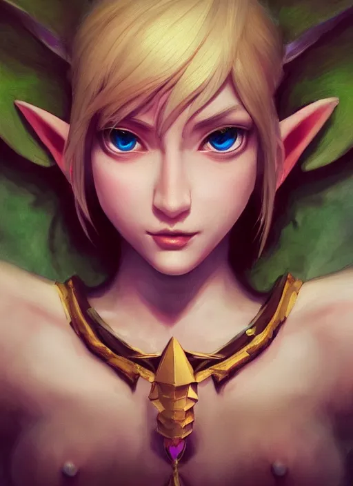 Prompt: 3/4 portrait of the great fairy from legend of zelda, seductive look, rule of thirds, smooth, sharp focus, James Jean pastiche by Artgerm, octane render