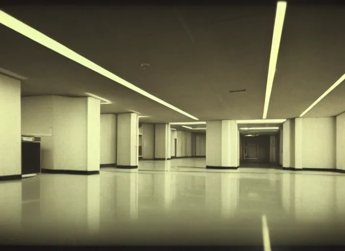 Prompt: polaroid photograph of a large white empty breakroom, retrofuturist liminal space, hundreds of old faux wood tables, crt tv mounted, trypophobia architecture, familiar place, clean, black mold, warm light, amateur, soft vintage glow, unreal engine, photorealistic, trending on artstation