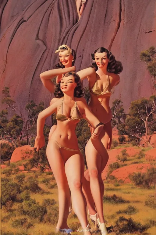 Image similar to 1940s group of pinup bikini girls walking around 1940s Ayers Rock, Uluru, in Australia, oil painting, by Gil Elvgren