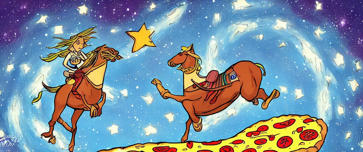 Image similar to a hore riding across the stars on a big pizza, comic style, colorful, 4 k, high details