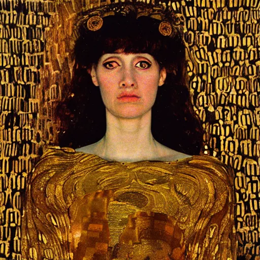 Image similar to a dramatic cinematic portrait photograph of athena influenced by gustav klimt.