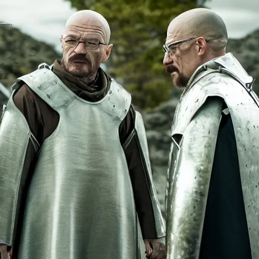 Prompt: walter white and gustavo fring dress like knights from game of thrones, fighting with swords, cinematic, highly - detailed, 8 k, hbo, game of thrones, realistic