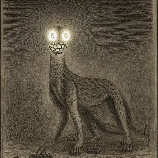 Image similar to giant hyena standing on a desert road at night with glowing eyes, laughing, hard flashlight, eerie strange bizarre, by alfred kubin