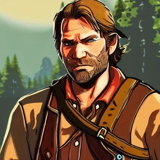 Image similar to Arthur Morgan from Red Dead Redemption 2 drawn in the style of The Legend of Zelda: Breath of the Wild