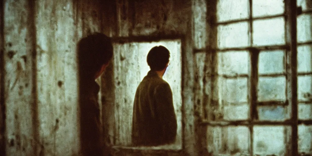 Prompt: detailed analog medium format photo from tarkovsky movie stalker, man looking through window while someone sneakily watches him fro outside, haze, high production value, intricate details, 8 k resolution, hyperrealistic, hdr, photorealistic, high definition, tehnicolor, award - winning photography, masterpiece, amazing colors