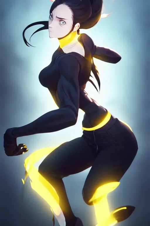 Image similar to black ponytail hair, pale woman in a black zipper jacket, yellow eyes, by artgerm, hair tied in a ponytail, white backdrop, soft lighting, fighting pose, dynamic angle, by greg rutkowski makoto shinkai takashi takeuchi