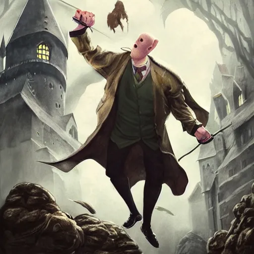 Image similar to a brilliant pig looking like harry potter, fighting against voldemort with magic in front of hogwarts, fantasy art, illustration, amazing detail, in the style of greg rutkowski, artgerm, cgsociety