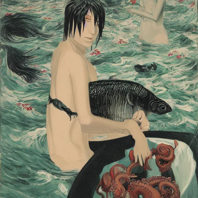 Image similar to tall emo female artist holding a large fish in her flooded apartment, seaweed, pomegranates, octopus, water gushing from ceiling, painting of flood inside an artist's apartment, a river flooding indoors, ikebana, zen, rapids, waterfall, black swans, canoe, berries, acrylic on canvas, surrealist, by magritte and monet