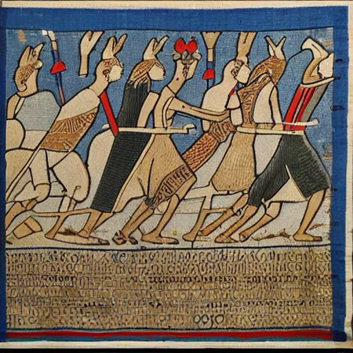 Image similar to bayeux tapestry, duck fight