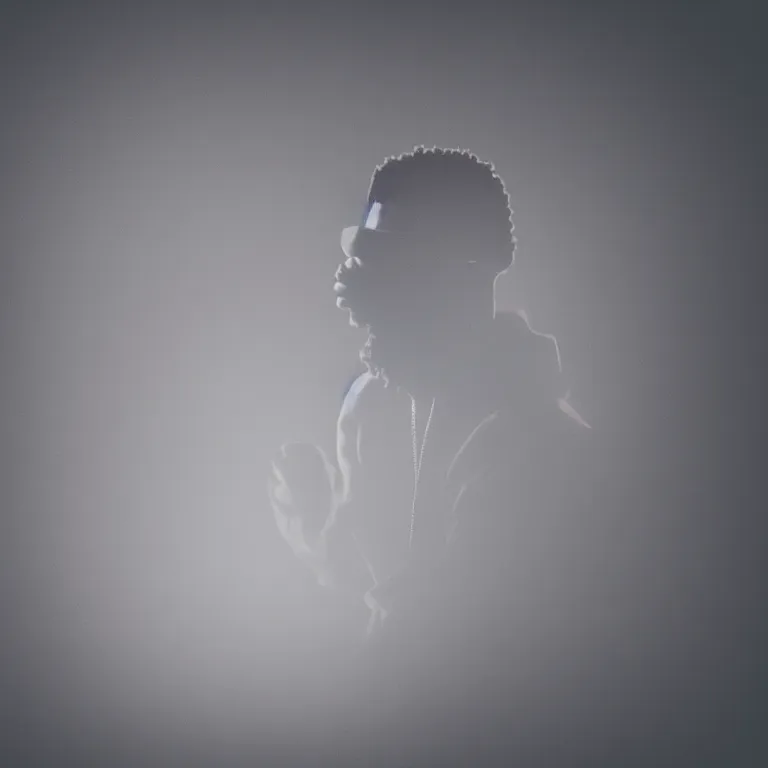 Image similar to silhouette of rapper performing, microphone, profile view, realistic, 4k