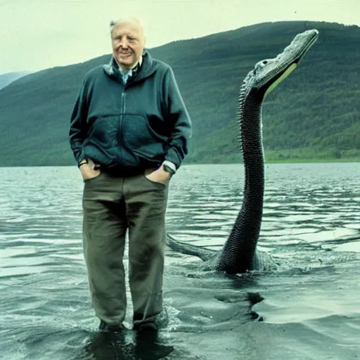 Image similar to Sir David Attenborough at a lake, with Loch Ness Monster Nessie plesiosaur in the water