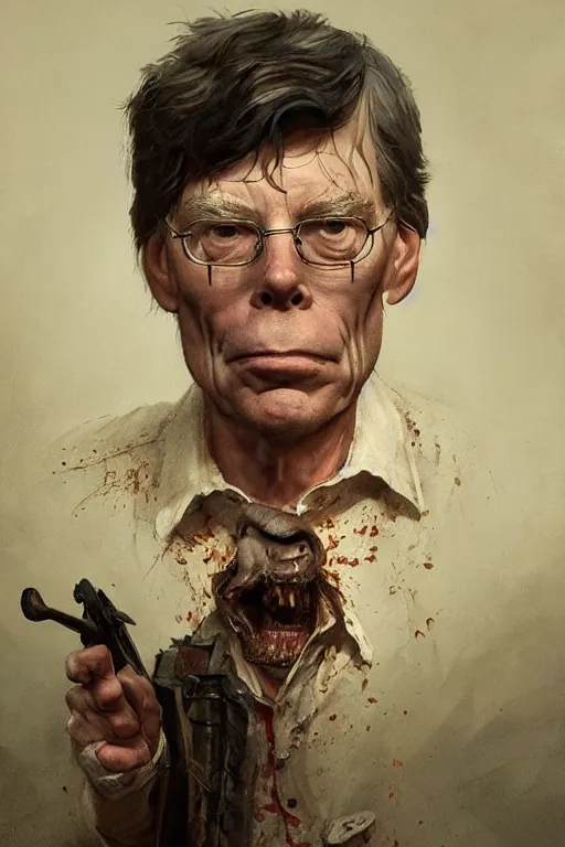 Prompt: Portrait of stephen king as hillbilly with shotgun, village, intricate, highly detailed, smooth, artstation, digital illustration by Ruan Jia and Mandy Jurgens and Artgerm and Wayne Barlowe and Greg Rutkowski and Zdislav Beksinski