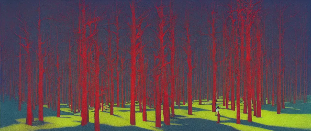 Image similar to an aerochrome forest below the stars Edward Hopper and James Gilleard, Zdzislaw Beksinski, Mark Ryden, Wolfgang Lettl highly detailed