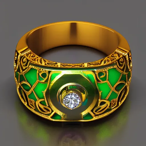 Image similar to mystical gold and diamond ring with fine purple and green details, ultra detailed, centered, octane render, elegant, caustics